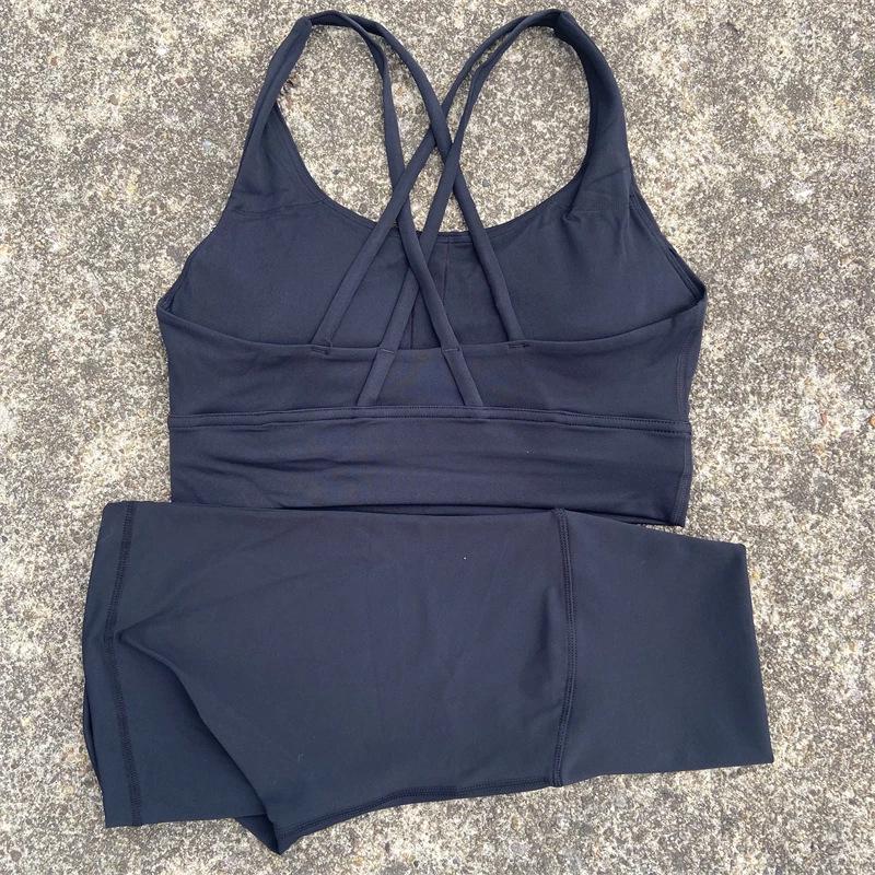 Lulu Women's Nude Yoga Short Set with Cross-Back Sports Bra