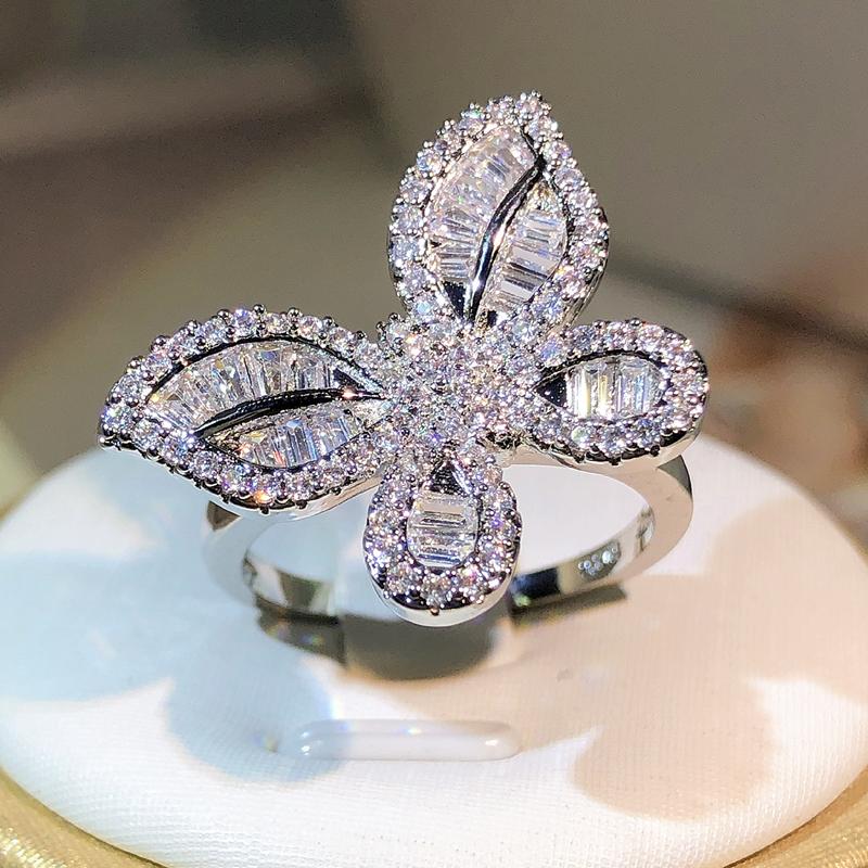 

Изысканное кольцо из стерлингового серебра с большим бабочкой и белым цирконом, полностью усыпанное бриллиантами, для женских украшений, для вечеринки, свадьбы, подарок на день рождения 8
