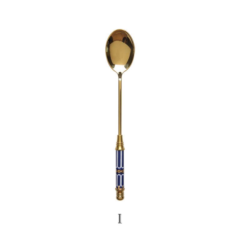 Stainless Steel Dessert Spoon Ceramic Long Handle Icecream Spoon Teaspoon Gold Coffee Cake Fruit Milk Spoon Kitchen Tableware