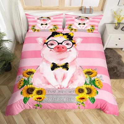 Süßes Schwein Sonnenblumen Florales Rosa Gitter Karomuster Bequeme Bettdecke Bettbezug Kissenbezug Bettwäscheset Schlafzimmer Heimtextilien