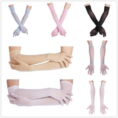 Women Stretchy Full Finger Long Gloves See Through Sheer Sun Protection Mittens