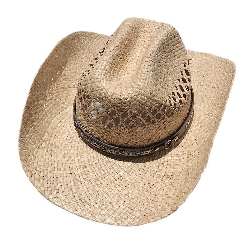 Western Cowboy Hat, Travel Sunshade And Sunscreen Hat, Raffia Hand-Woven Crimped Hat