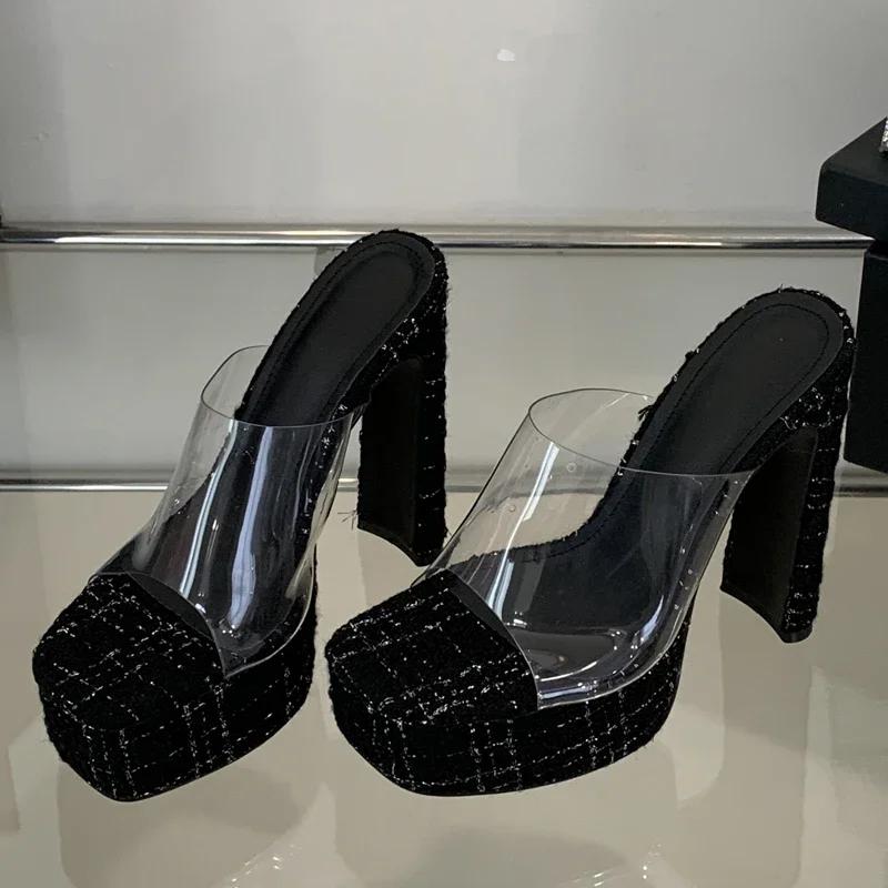 Fashion High Quality Clear PVC High Heel Slippers Women Summer Peep Toe Slides Sandals Elegant Square Platform Sandals Party Slide Heels