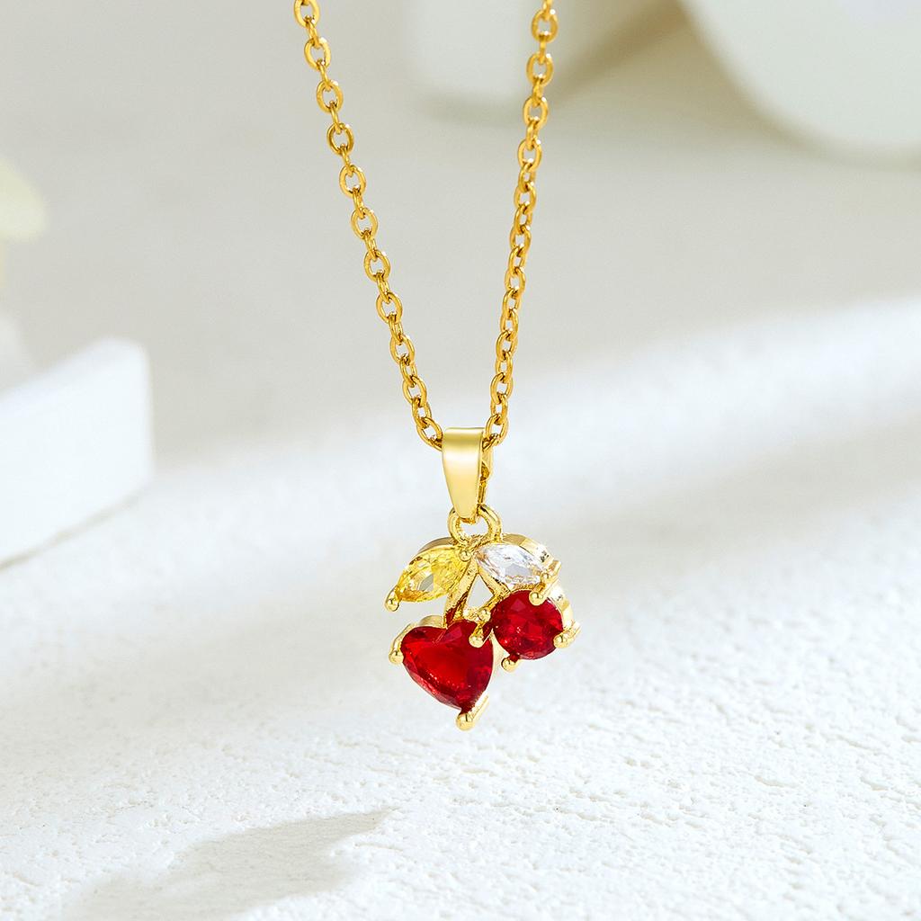 New Sweet and Cute Dripping Oil Strawberry Cherry Titanium Steel Necklace Female Simple Versatile Fruit Series Collarbone Chain