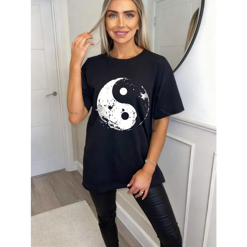 Oversized T Shirt Black Yin Yang Print Casual Wear For Women Streetwear Fashion Trendy Top Summer Outfit