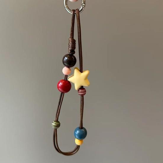 Handy-Lanyard Dickes Ölwachs-Seil Handgeflochten Stark Belastbar Anti-Verlust Anti-Diebstahl Handy-Riemen mit Holzperlen Sternen-Dekor