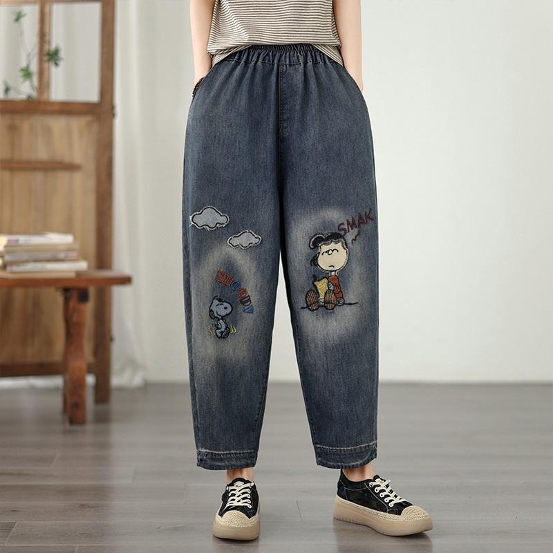 Mărime mare Broderie vintage Talie înaltă Casual Largi Femei Primăvară vară toamnă Blugi Denim Pantaloni Harem