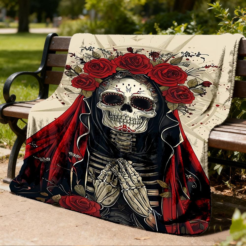1pc Sugar Skull Throw Blanket Polyester Fiber, Lightweight Flannel, Soft & Warm, All Season Use for Outdoor, Camping Digital Print