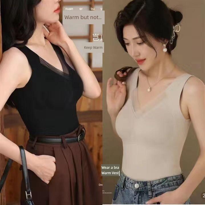 Autumn and Winter Graphene Thermal Vest for Women with Chest Pads, Winter Bra-Free Design, German Velvet Brushed Surface, Fixed Cup, No Steel Ring