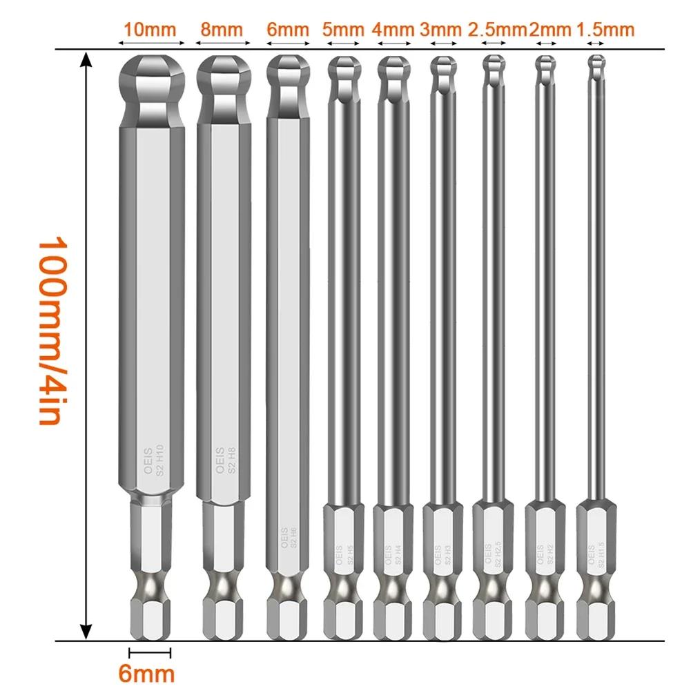 Ball End Hex Screwdriver Bits Set Metric Allen Hex Bits 100mm Long Magnetic Ball Head Driver Bit H1.5 H2.5 H3 H4 H5 H6 H8 H10