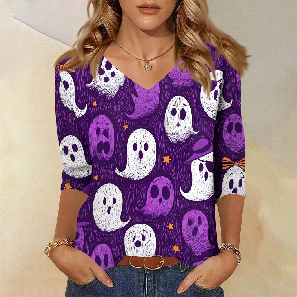Women's Casual Halloween Print V Neck Three Quarter Sleeve Top Lightweight Loose Fit Pullover Shirt for Fall Seasonal Wear