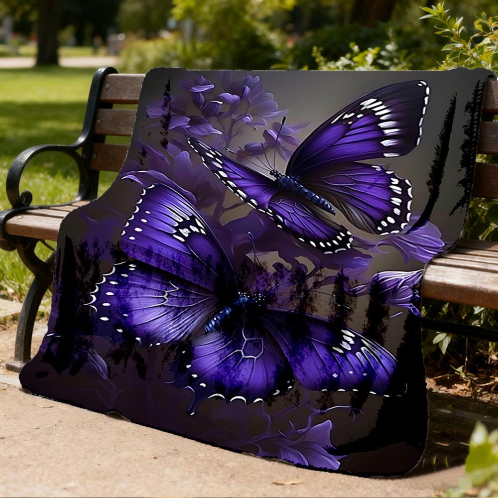 1pc Purple Butterfly Print Outdoor Flannel Blanket Soft All Season Polyester Throw , Perfect for Picnics & Travel , Picnic Accessory
