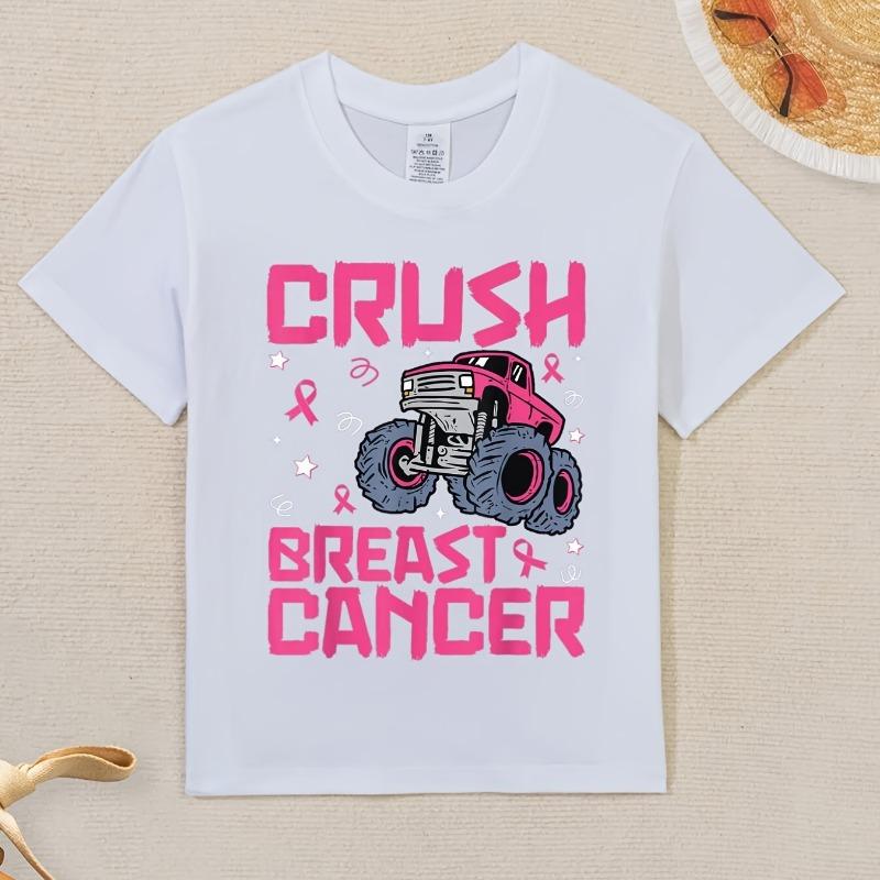 Children Crew Neck Short Sleeve T-Shirt with Pink Truck & CRUSH Slogan Print 110 белый