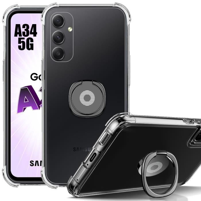 Coque - Samsung - Galaxy A34 5G - Silicone Transparent - Antichoc - Support Anneau Noir