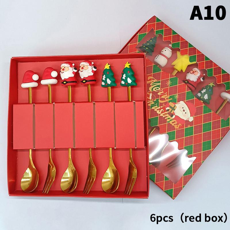 1/2/4/6 Stück Edelstahl Löffel Weihnachts Dessertlöffel Kuchengabel Cartoon Weihnachtsbaum Elch Löffel Gabel Weihnachtsgeschenkbox
