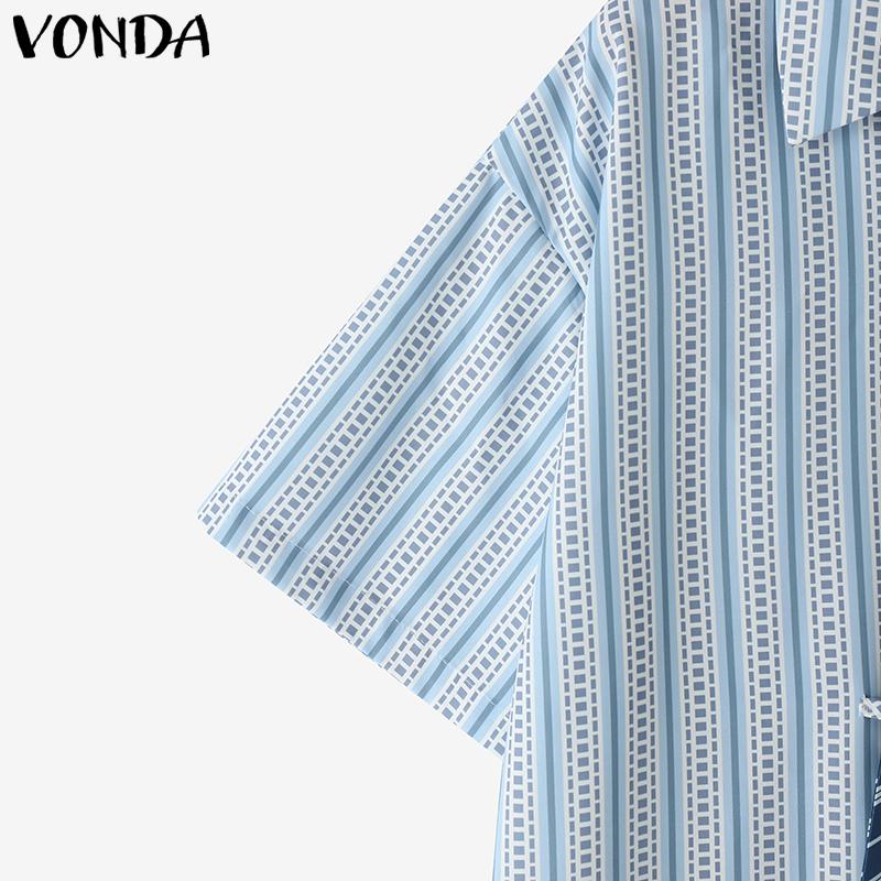 VONDA Women Tie Up Short Sleeve College Style Striped Oversized Casual Shirts