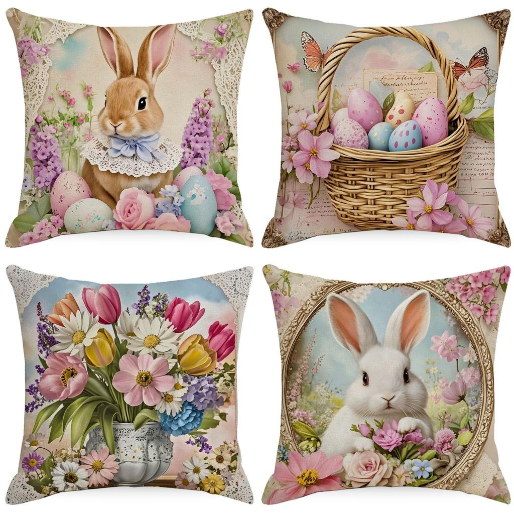 New Easter Pillowcase Cute Rabbit Easter Egg Flowers Pillowcase Sofa Pillowcase