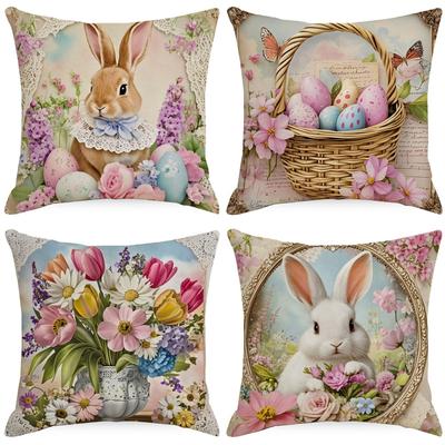 New Easter Pillow Cover Cute Rabbit Easter Egg Flowers Pillow Cover Sofa Pillow Cover Premium Durable Quality Useful
