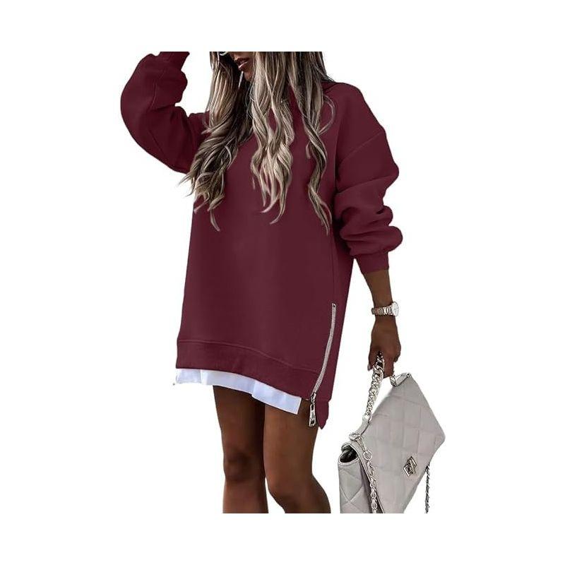 

Spring, Autumn and Winter Fake Two-Piece Pink Sweatshirt Women s Small 2025 New Arrival Loose Casual Laid-Back Style round Neck Tops Burgundy S