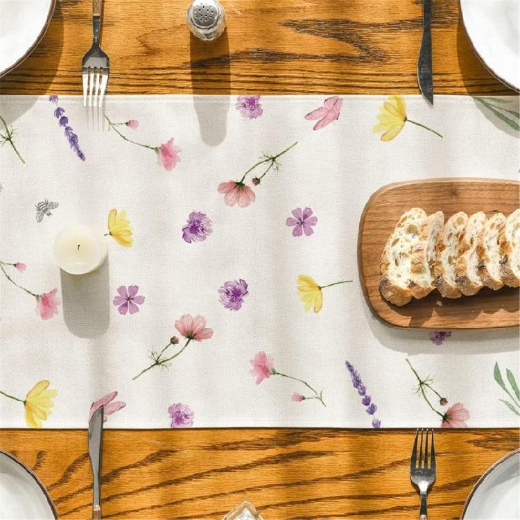 Dining Room Linen Table Runner with Flower Pattern Kitchen Table Ornament Tablecloth Decoration for Holiday Festivities