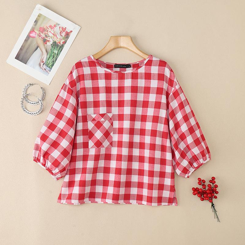 ZANZEA Women Loose Round Neck 3/4 Sleeve Casual Grid Print Blouse