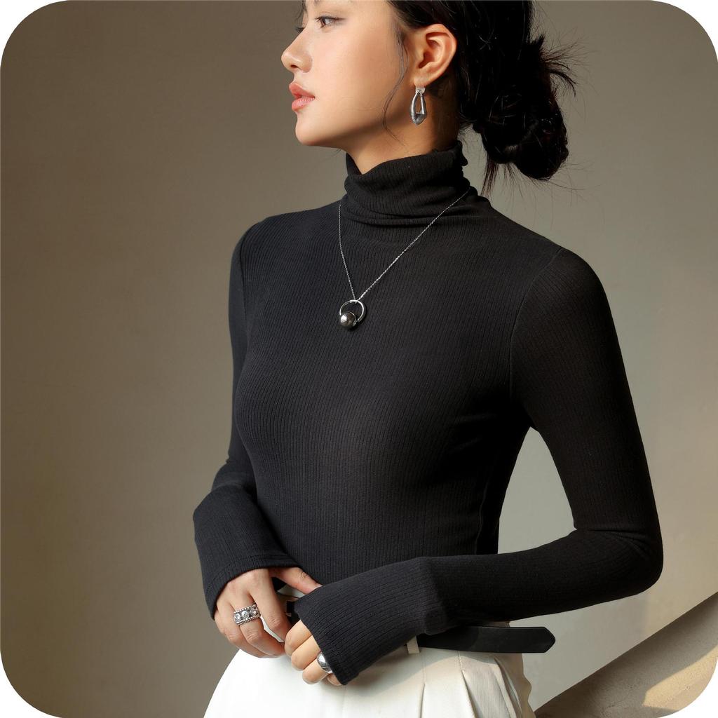 Women's Autumn and Winter Pile Neck Long Sleeve Solid Top