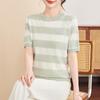 Mother's Day Ice Silk Striped Knit Top: Women's Summer Short-Sleeve Loose Slimming Fashion Wear.