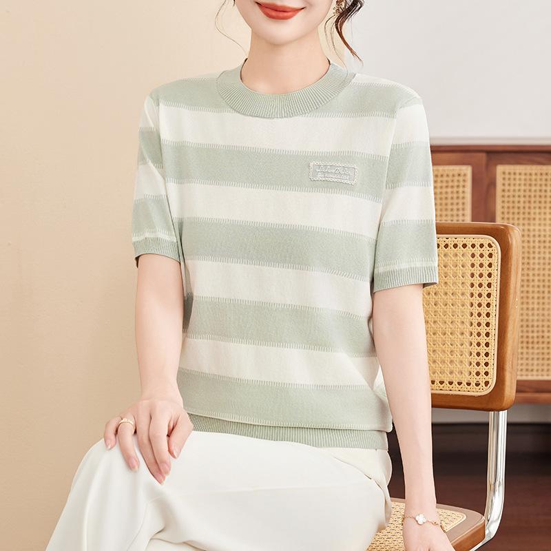 Mother's Day Ice Silk Striped Knit Top: Women's Summer Short-Sleeve Loose Slimming Fashion Wear.