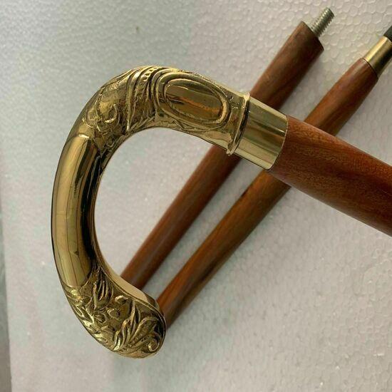 Antique Solid Brass Engraved Head Handle Victorian Wooden Walking Stick Cane