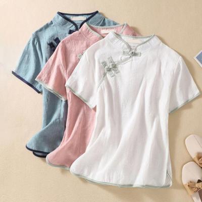 Tops Cheongsam de Algodón Slim para Mujer Cuello Tradicional Chino Abrigo Tang Satén Suave Camisa Estilo Chino Top Bordado para Señoras