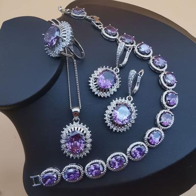 New Temperament Jewelry - Platinum Plated Amethyst Zircon Necklace Earrings Ring Set Jewelry  Piece Set
