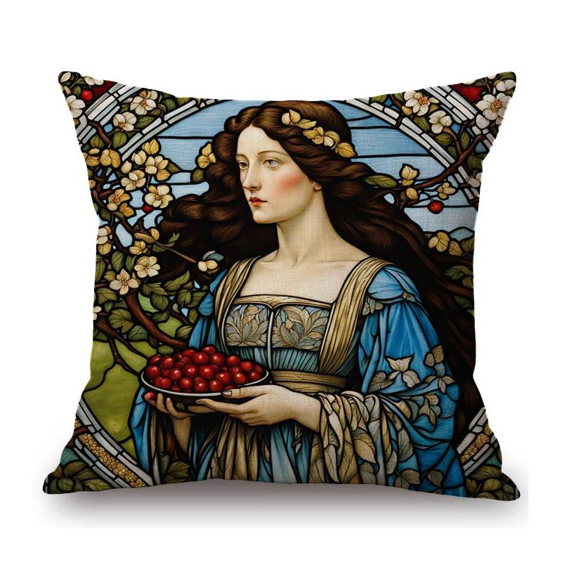 Renaissance Pre-Raphaelitism William Morris Round Stained Glass Window Elegant Lady Girl Decoration Pillow Case Cushion Cover