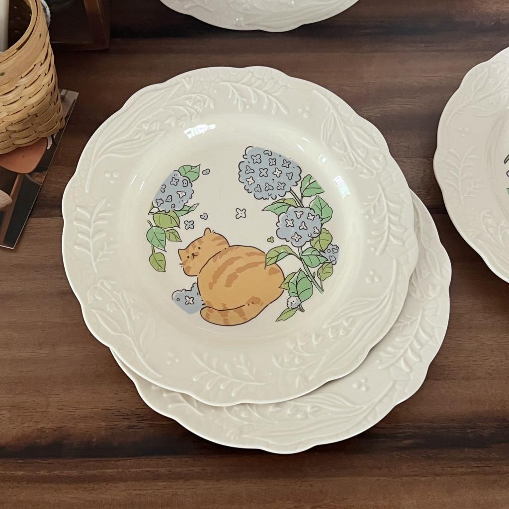 Japanese Cute Cartoon Cat Ceramic Relief Plate Dessert Cake Noodle Plate Household Dish Plate Western