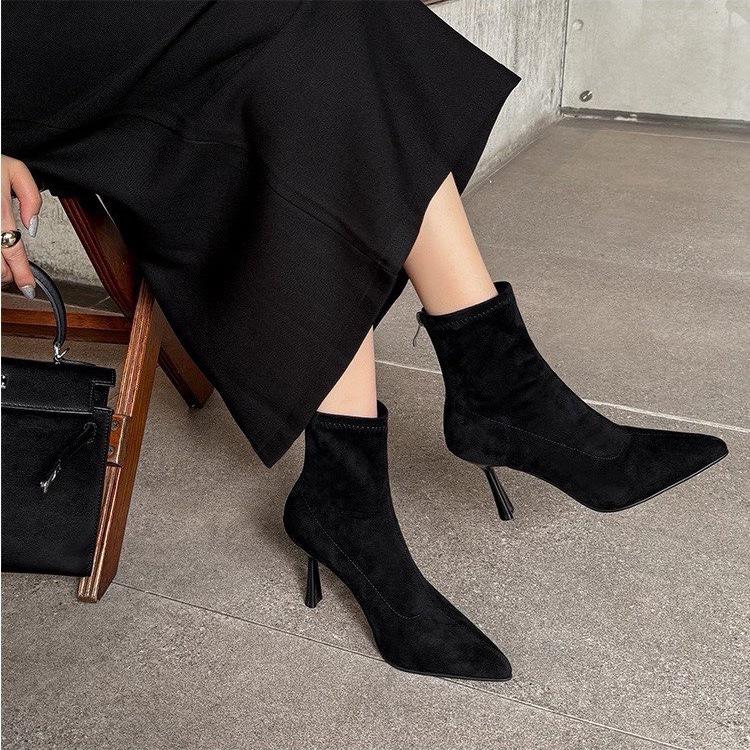 Pointed high heels women's new autumn and winter thin heel suede short boots velvet small elastic thin boots