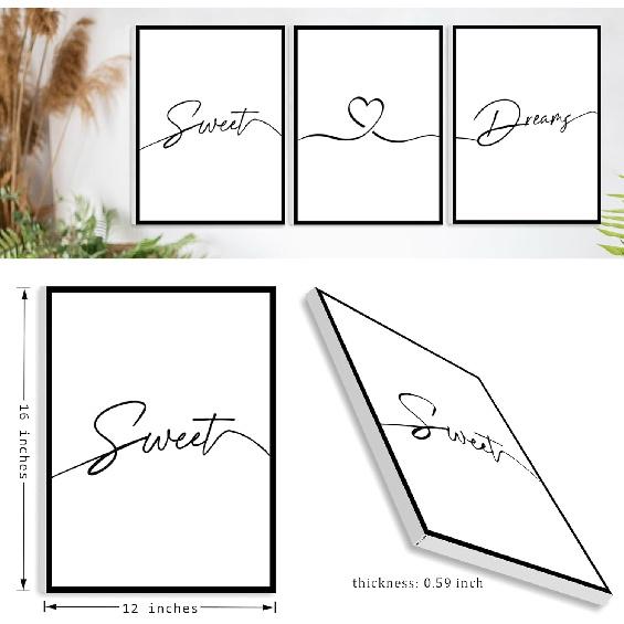 Framed Bedroom Wall Art 36x16”, Sweet Dreams Wall Decor Above Bed Decors, Black Wall Decor for Bedroom (12x16 inches, Set of 3, Framed, Black)