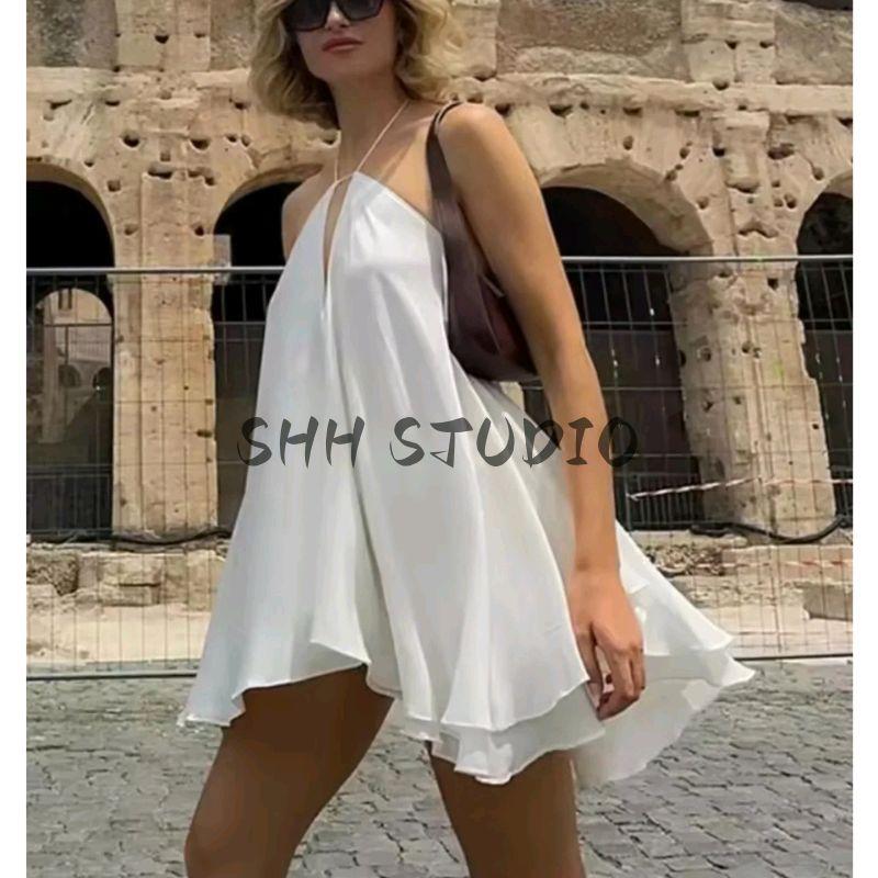 Summer New Women Clothes Ins Style Neck Collar Backless Large Skirt Design High Waist A Word Short Sling Dress