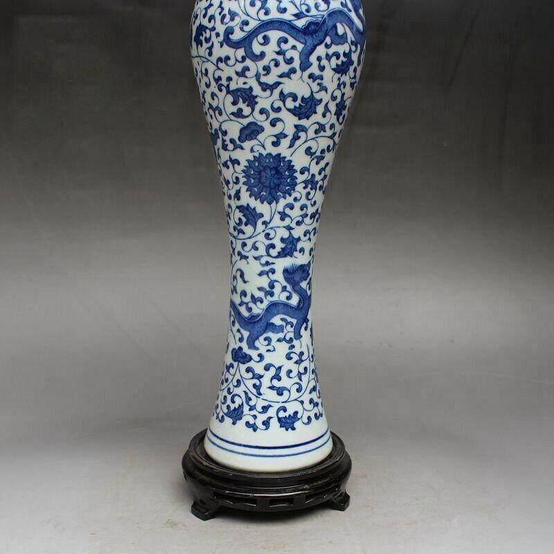 Old Chinese Blue and White Porcelain Hand Painted Dragon Flowers Vase