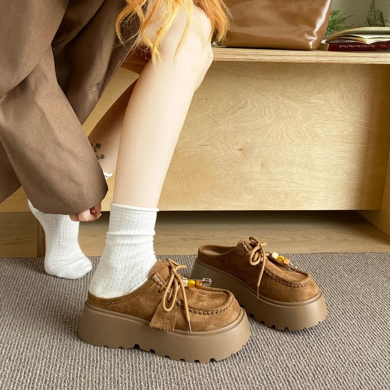 2025 New Women's Fashion Loafers Platform Heightening Front-covered Slippers Retro Women's Casual Half-slippers Zapatos De Mujer