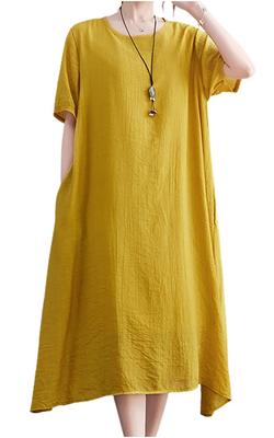 Short Sleeve Sheer Long Body Knee Beautiful Room Room Round Crew with Everyday for Thin Dress Yellow [Tunatch] Dress, Dress, A-line, Flare, Length,