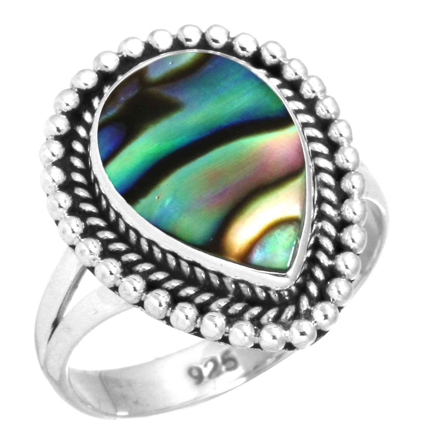 

Кольцо из стерлингового серебра 925 пробы Женское с драгоценным камнем Ручной работы Ювелирное изделие Пасхальный подарок Аквамариновый халцедон Раковина абалона Голубой солнечный камень Лабрадорит Пренит Винтаж 7