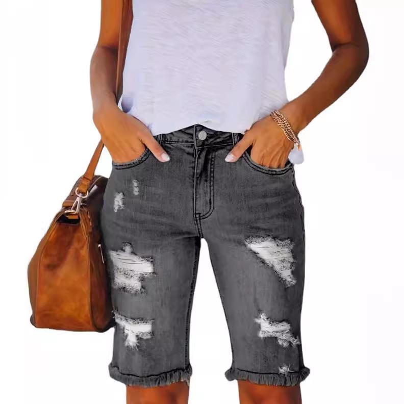 2024 Summer European and American Women's Washed Ripped Denim Shorts