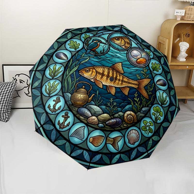 Marine Life Glass pattern umbrella, portable and foldable design, 8 ribs, a casual accessory for Halloween, Christmas, and birthday gifts.