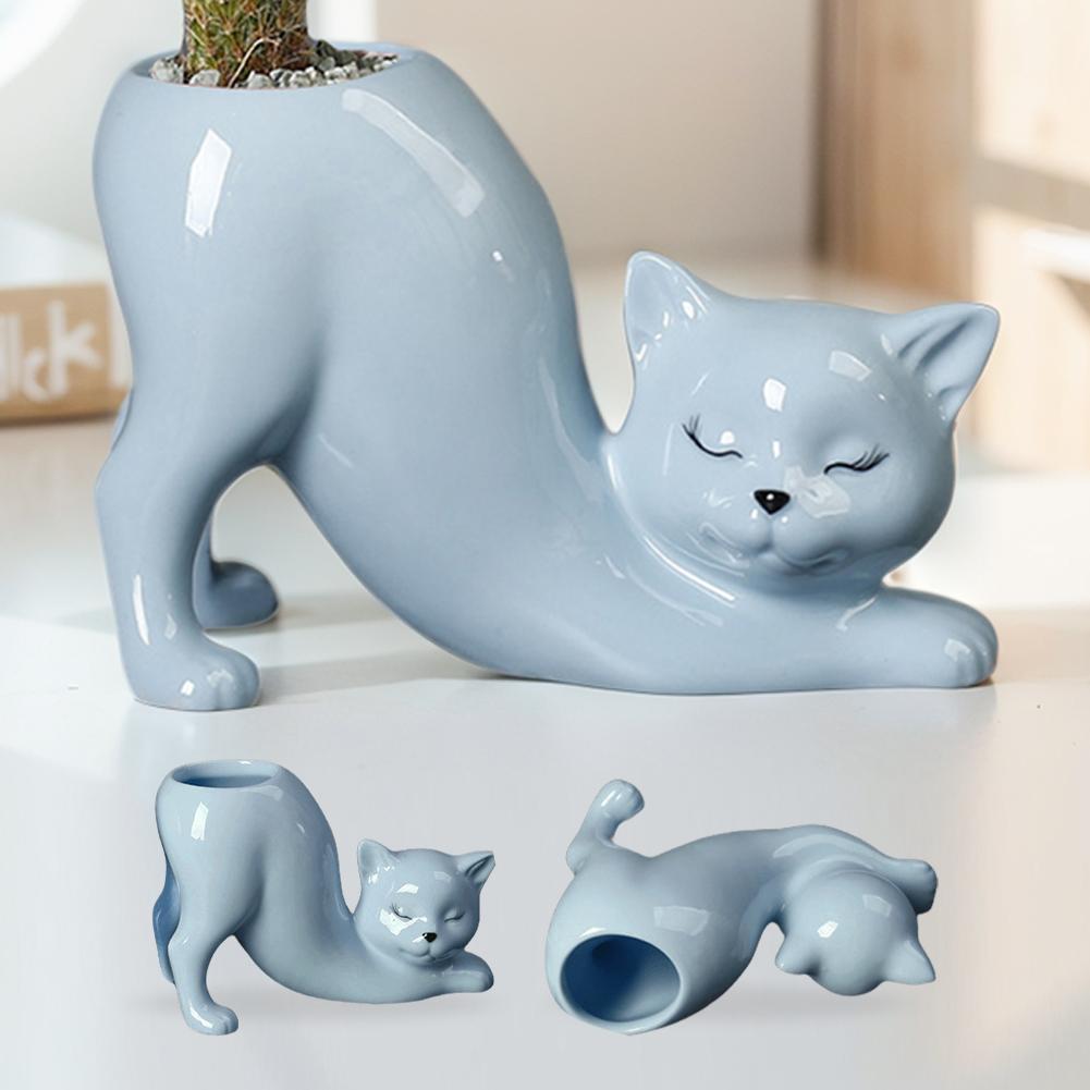 Ceramic Cat Shape Succulent Planter Cute Animal Plant Pot with Drainage Hole Garden Pots for Home Office Desk Windowsill Decor