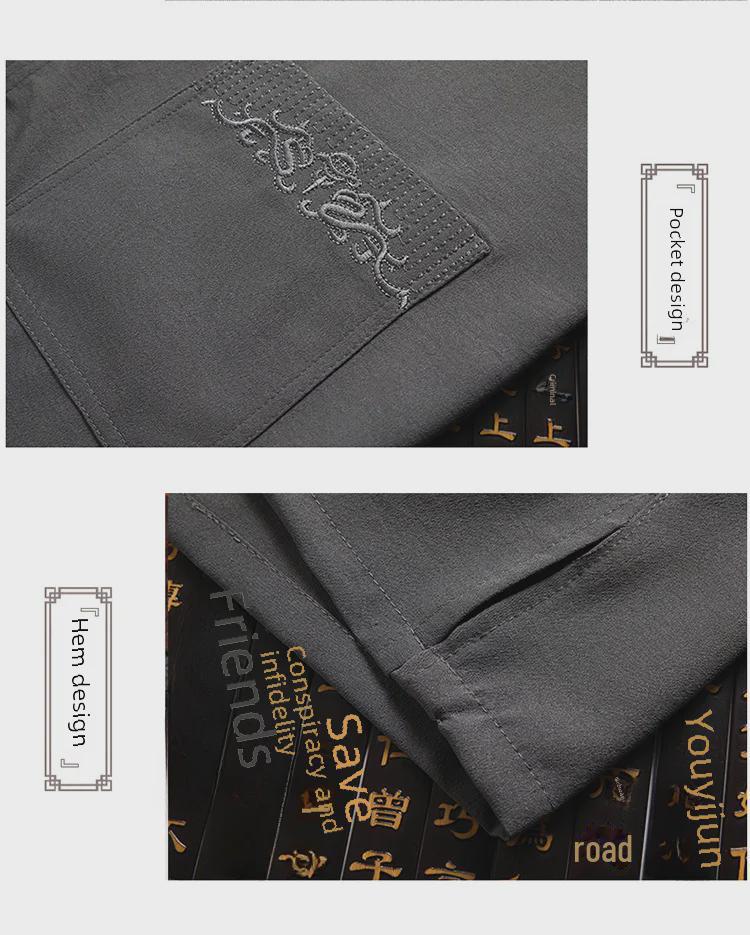 Men's Chinese Style Casual Cotton Linen Short-Sleeve Suit for Middle-Aged and Elderly Summer Wear