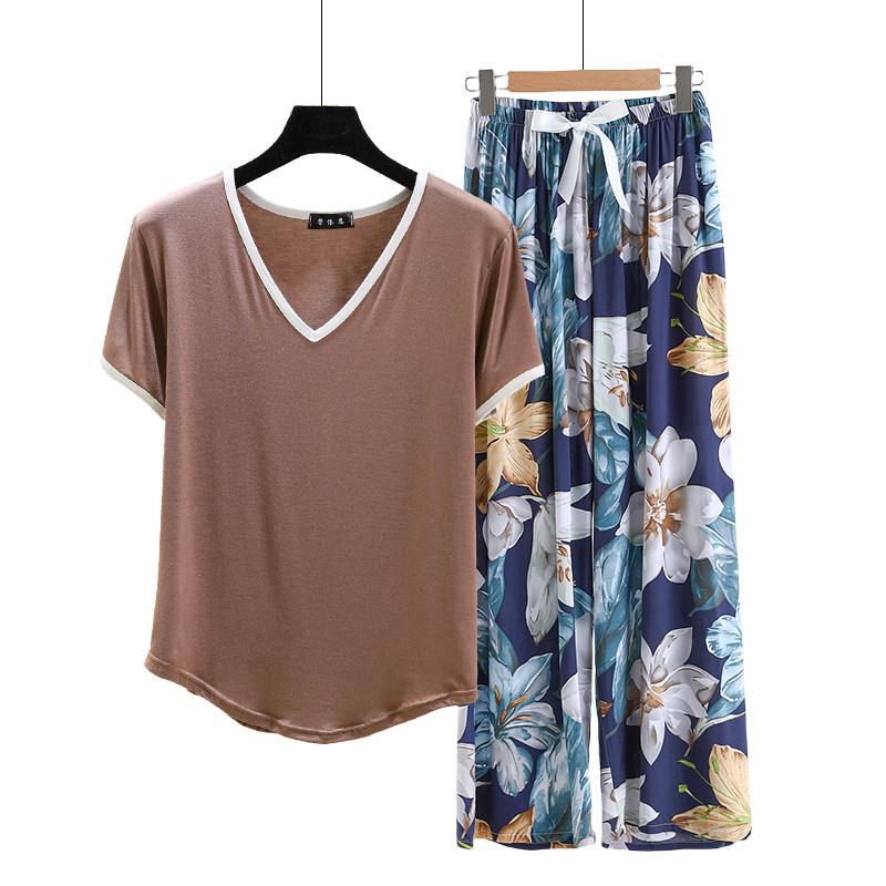Modal Loungewear V-Neck color-block Tshirt and Floral Wide leg pants Summer Thin Pajamas sets Casual Plus size Homewear 2pcs suit Comfort clothing