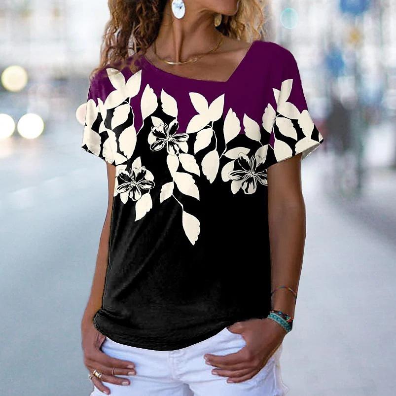 Fashion Women Irregular Neck Tee Summer 3D Floral Print T Shirts Ladies Loose Couples T Shirt Short Sleeve Tops Casual