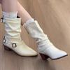 Fashion Belt Buckle Block Follower Boots Women's Fashion Pointed Toe Sleeve Pleated Anti-Slip Wear-Resistant Medium Heel