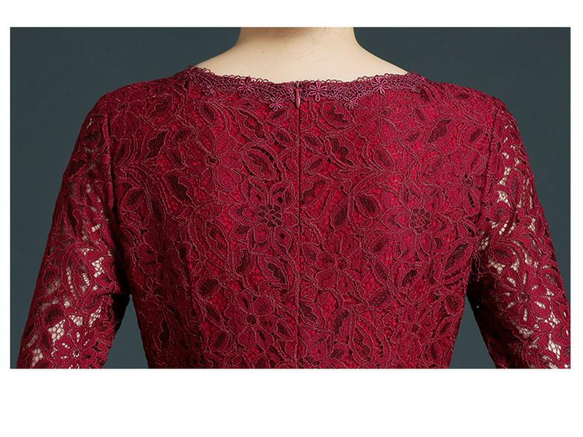 Elegant Wine Red Lace Dress with Waist-Cinching for Middle-Aged and Elderly - Autumn 2021 Collection