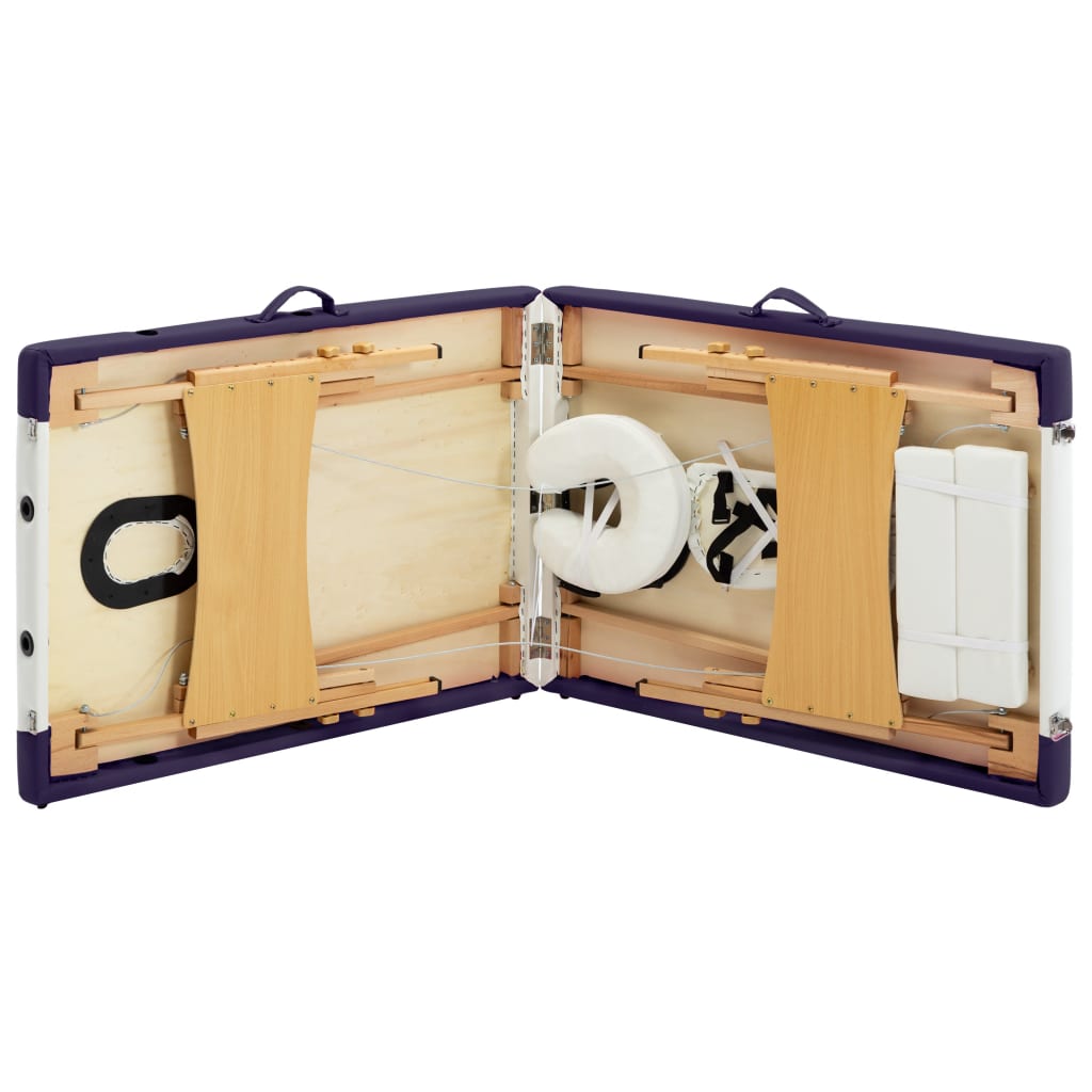 Folding 2 Zone Massage Table with Wooden Frame White and Purple