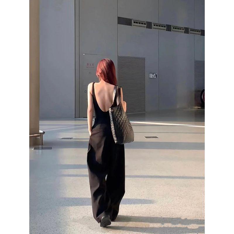 

Комбинезон Seaside 24ss Текстурированная ткань Сексуальная открытая спина Верх с U-образным вырезом Цельный Камисоль Женский Летний Black [with chest pad]] S